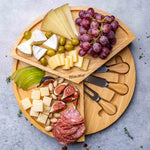 Bamboo Cheese Board and Knife Set - 14 Inch Swiveling Charcuterie Board with Slide-Out Drawer - Cheese Serving Platter, Round Serving Tray