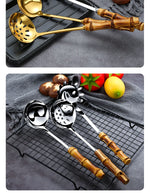 304 Stainless Steel Colander Metal Spoon Noodle Spoon Colander Practical Pasta Tool Soup Scoop Bamboo Handle Kitchen Accessories
