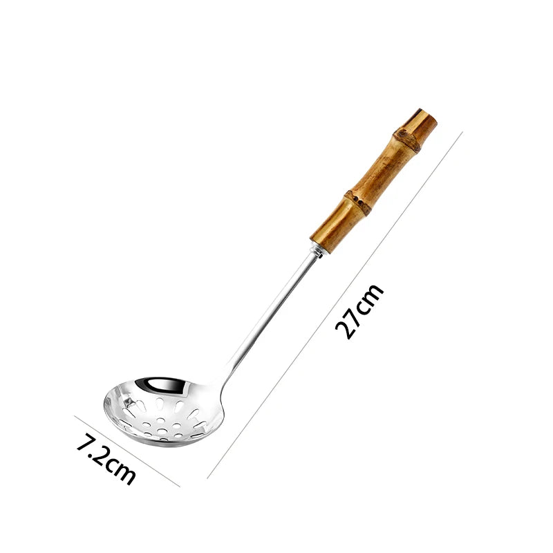 304 Stainless Steel Colander Metal Spoon Noodle Spoon Colander Practical Pasta Tool Soup Scoop Bamboo Handle Kitchen Accessories