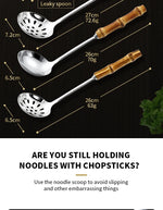 304 Stainless Steel Colander Metal Spoon Noodle Spoon Colander Practical Pasta Tool Soup Scoop Bamboo Handle Kitchen Accessories