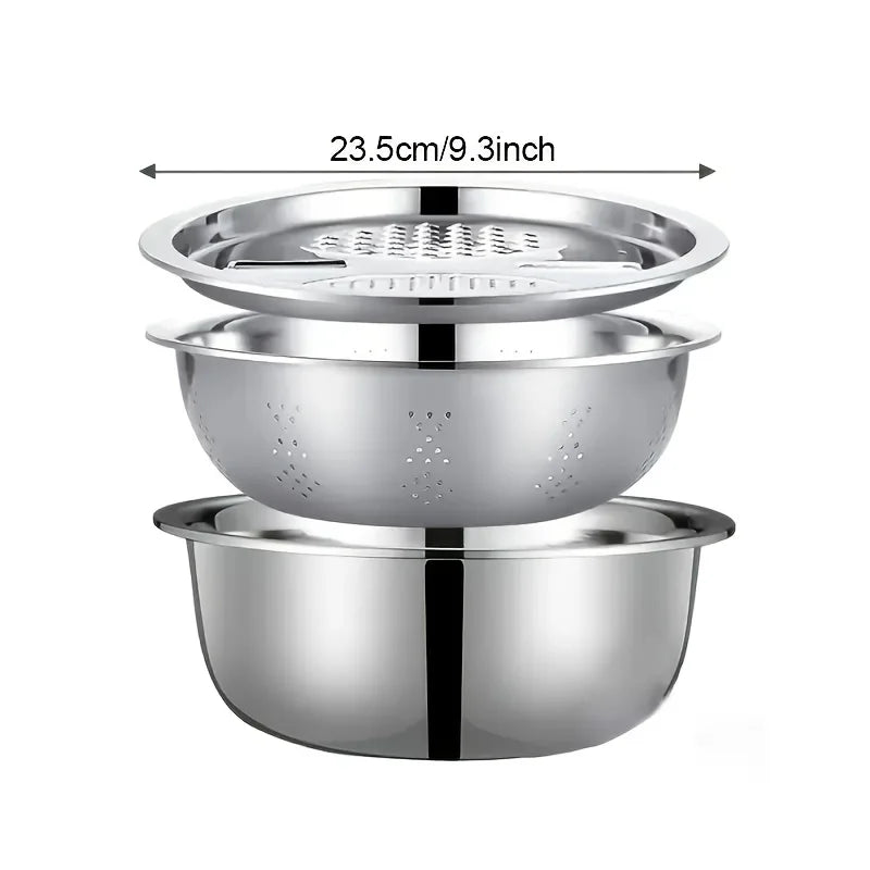 3pcs Kitchen Kit with Stainless Steel Multifunctional Mixing Bowl Vegetable Slicer - Suitable for Cleaning and Slicing Fruits