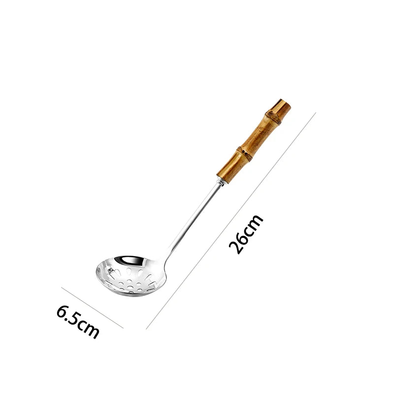 304 Stainless Steel Colander Metal Spoon Noodle Spoon Colander Practical Pasta Tool Soup Scoop Bamboo Handle Kitchen Accessories