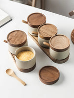 JUSTINLAU Ceramic Seasoning Jar Japanese Spice Container with Bamboo Lid Spoon Home Oil Pot Seasoning Bottle Tray Kitchen Tools