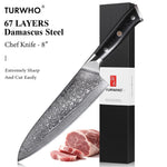 TURWHO 8-inch Professional Chef's Knives Japanese 67 Layer Damascus Steel Super Sharp Meat Vegetable Kitchen Knife Cooking Tools
