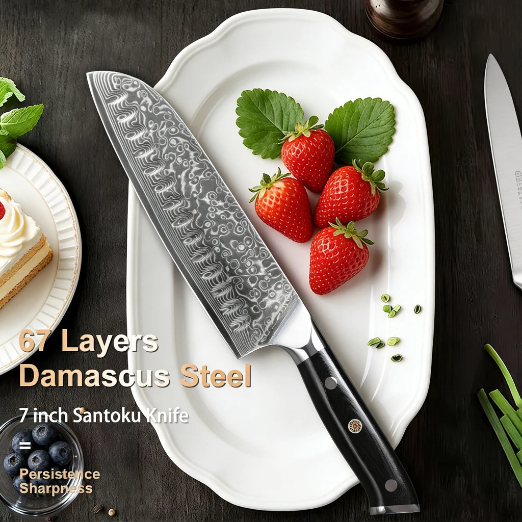 7 inch Santoku knife estilo japonés de cuchillo de Chef profesional de acero damasco, cuchillo para cortar carne,  with G10 Hand