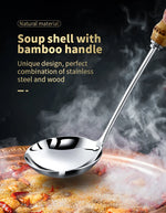 304 Stainless Steel Colander Metal Spoon Noodle Spoon Colander Practical Pasta Tool Soup Scoop Bamboo Handle Kitchen Accessories