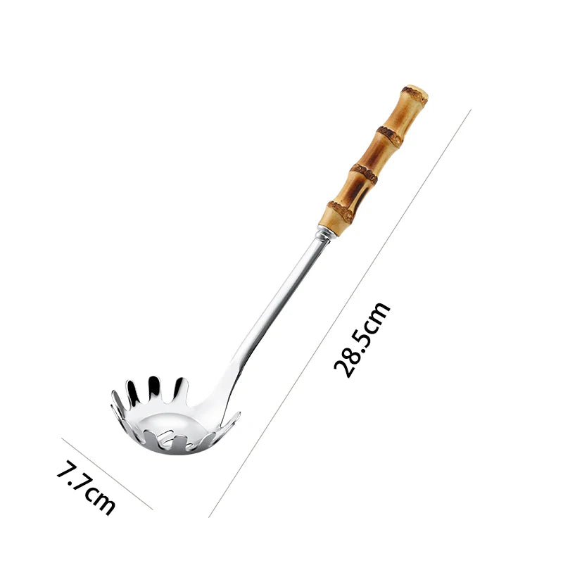 304 Stainless Steel Colander Metal Spoon Noodle Spoon Colander Practical Pasta Tool Soup Scoop Bamboo Handle Kitchen Accessories