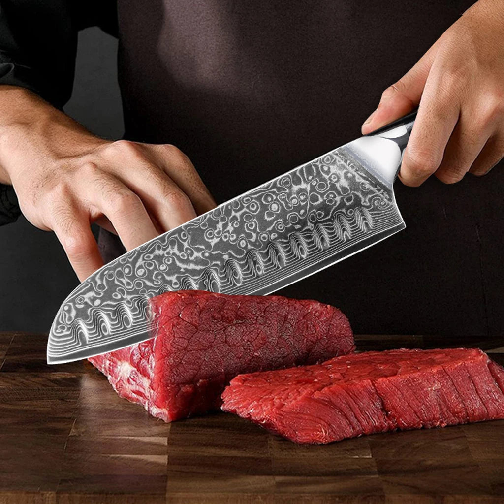 7 inch Santoku knife estilo japonés de cuchillo de Chef profesional de acero damasco, cuchillo para cortar carne,  with G10 Hand