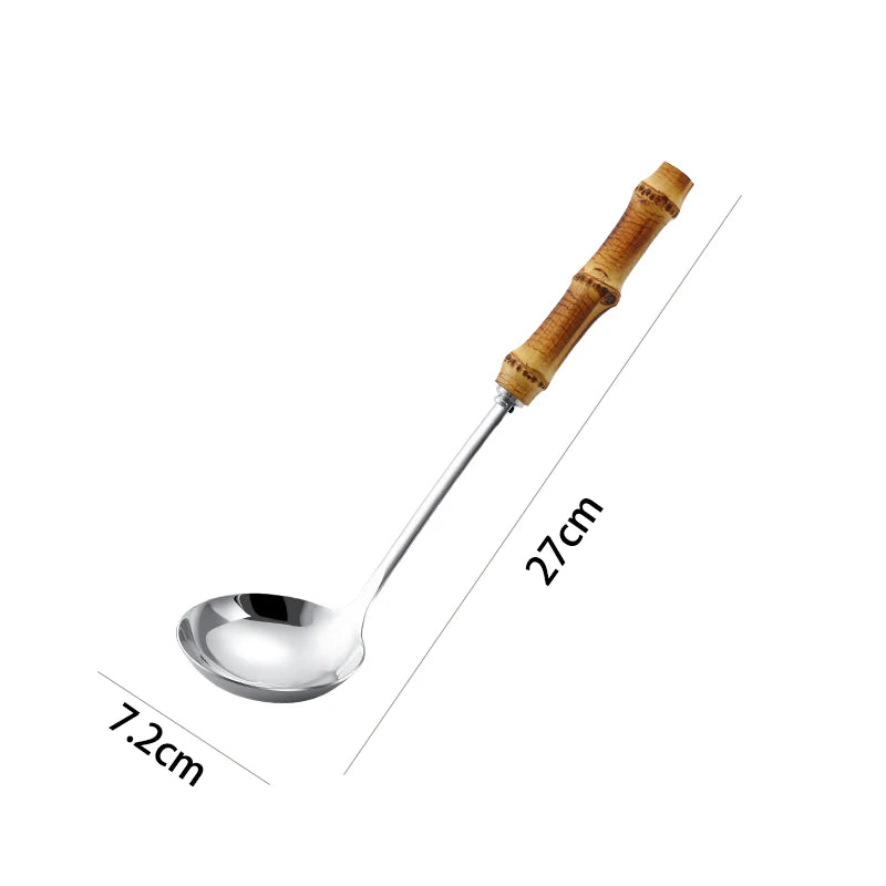 304 Stainless Steel Colander Metal Spoon Noodle Spoon Colander Practical Pasta Tool Soup Scoop Bamboo Handle Kitchen Accessories
