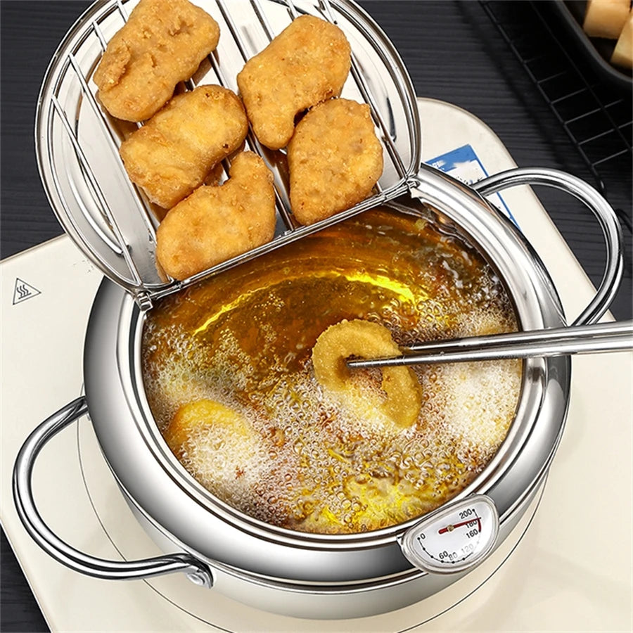 Deep Frying Pot with Thermometer&Lid for Kitchen Stainless Steel Pans Japanese Tempura Fryer Pan Fried Chicken Pot Cooking Tool